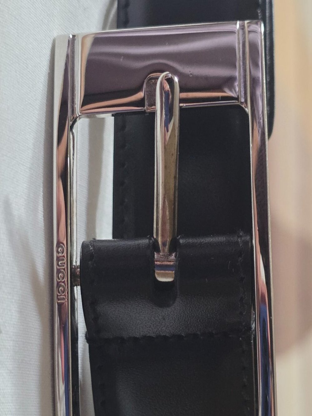 GUCCI Black Leather Dress Belt Rectangular Buckle Engraved Logo 85 / 34 Italy
